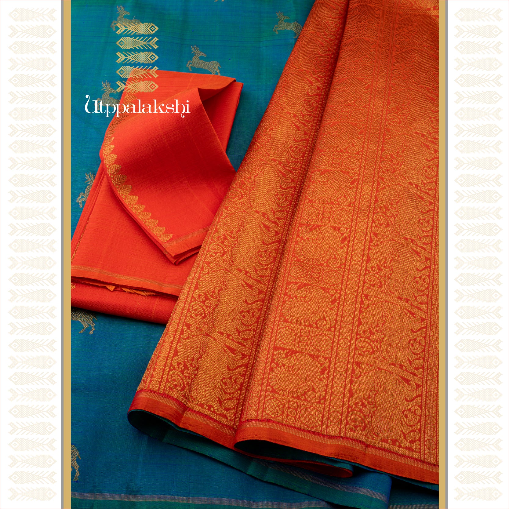 Light Peacock Blue with Orange Pallu and Annam–Yaazhi Motifs - AN UTPPALAKSHI HANDWOVEN KANJIVARAM SILK SAREE