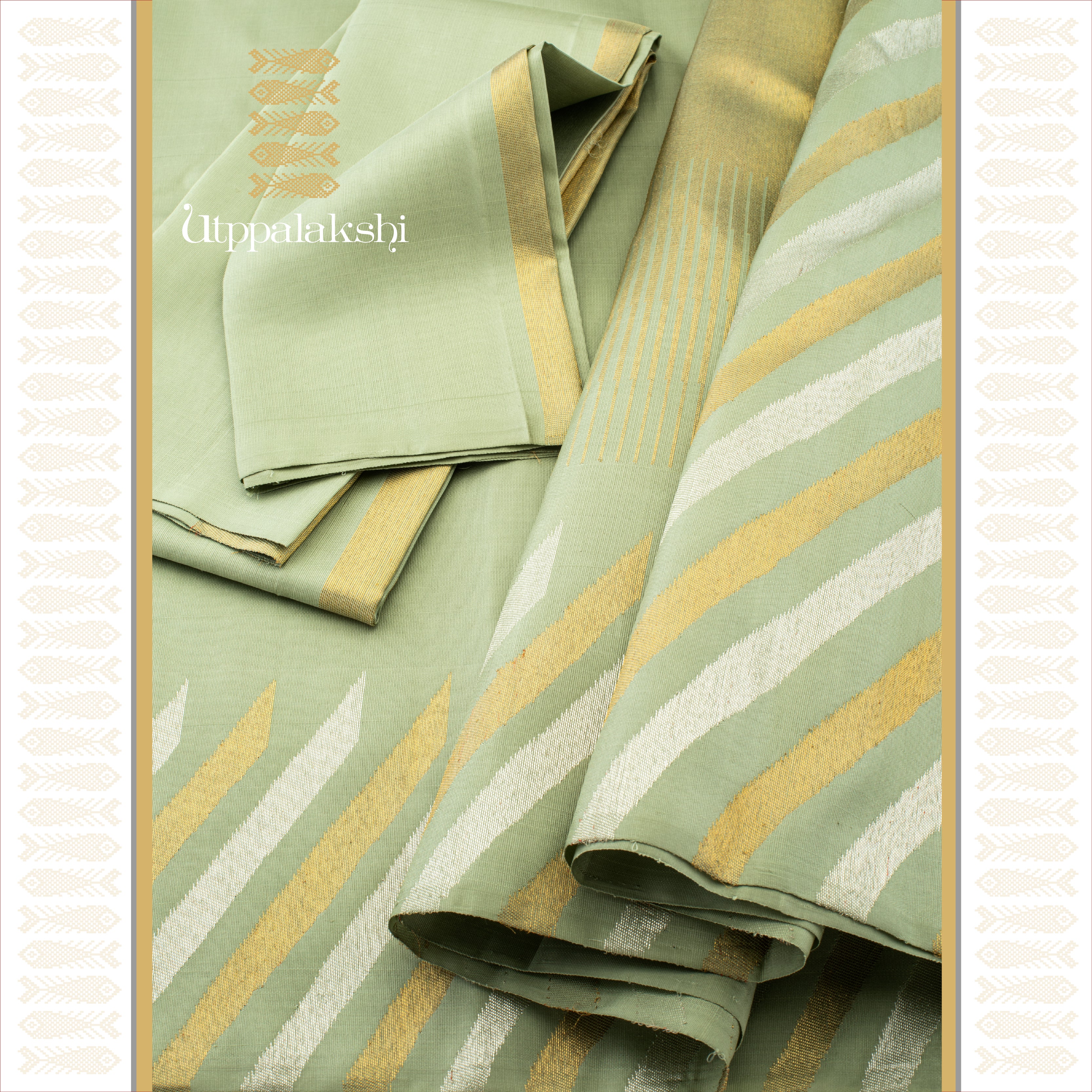 A Master Weaver’s Creation - Pista Green with 8-Kol Bavanji Border - AN UTPPALAKSHI HANDWOVEN KANJIVARAM SILK SAREE