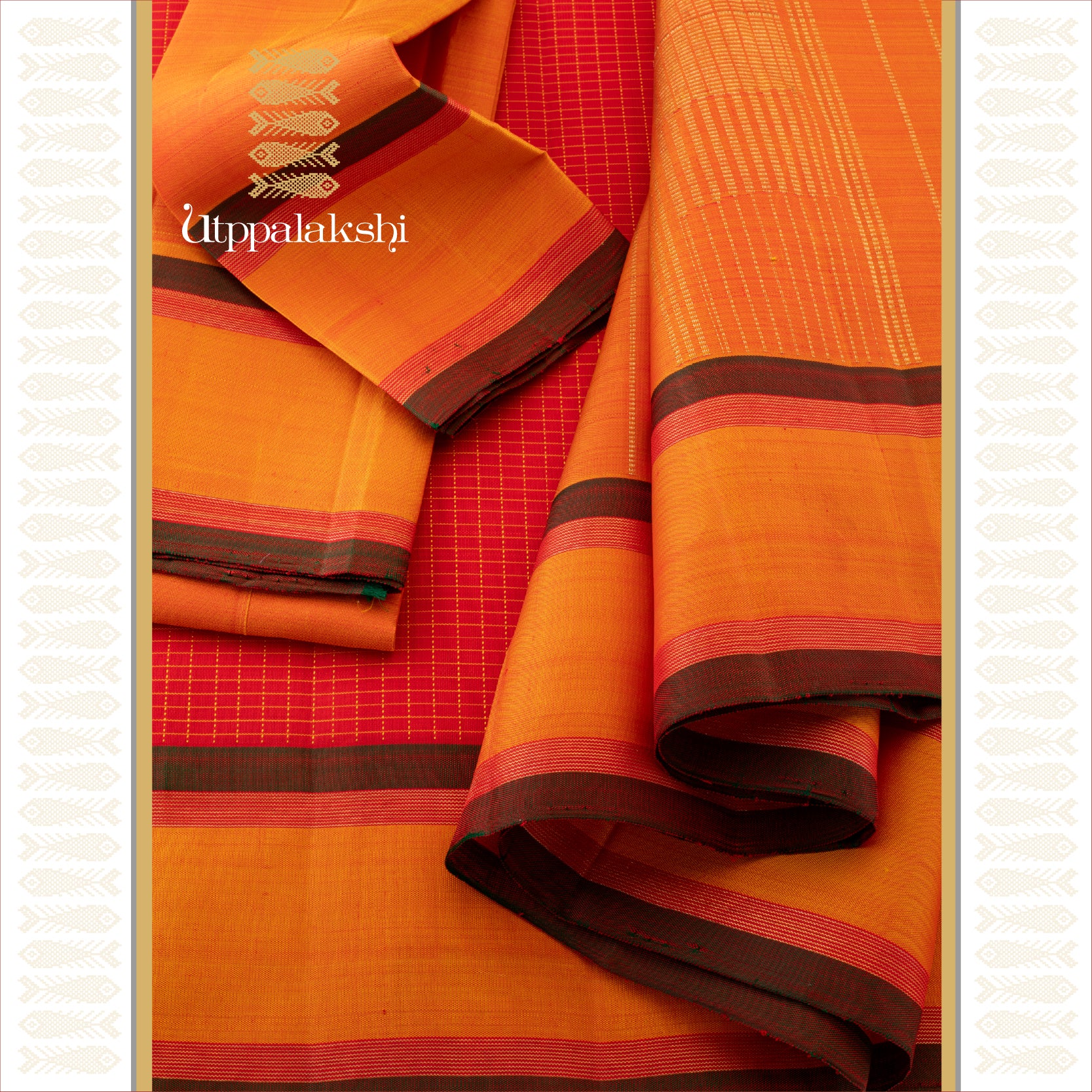Tomato Red Muthukattam with Mustard with Mandhulir Accents- AN UTPPALAKSHI HANDWOVEN KANJIVARAM SILK SAREE