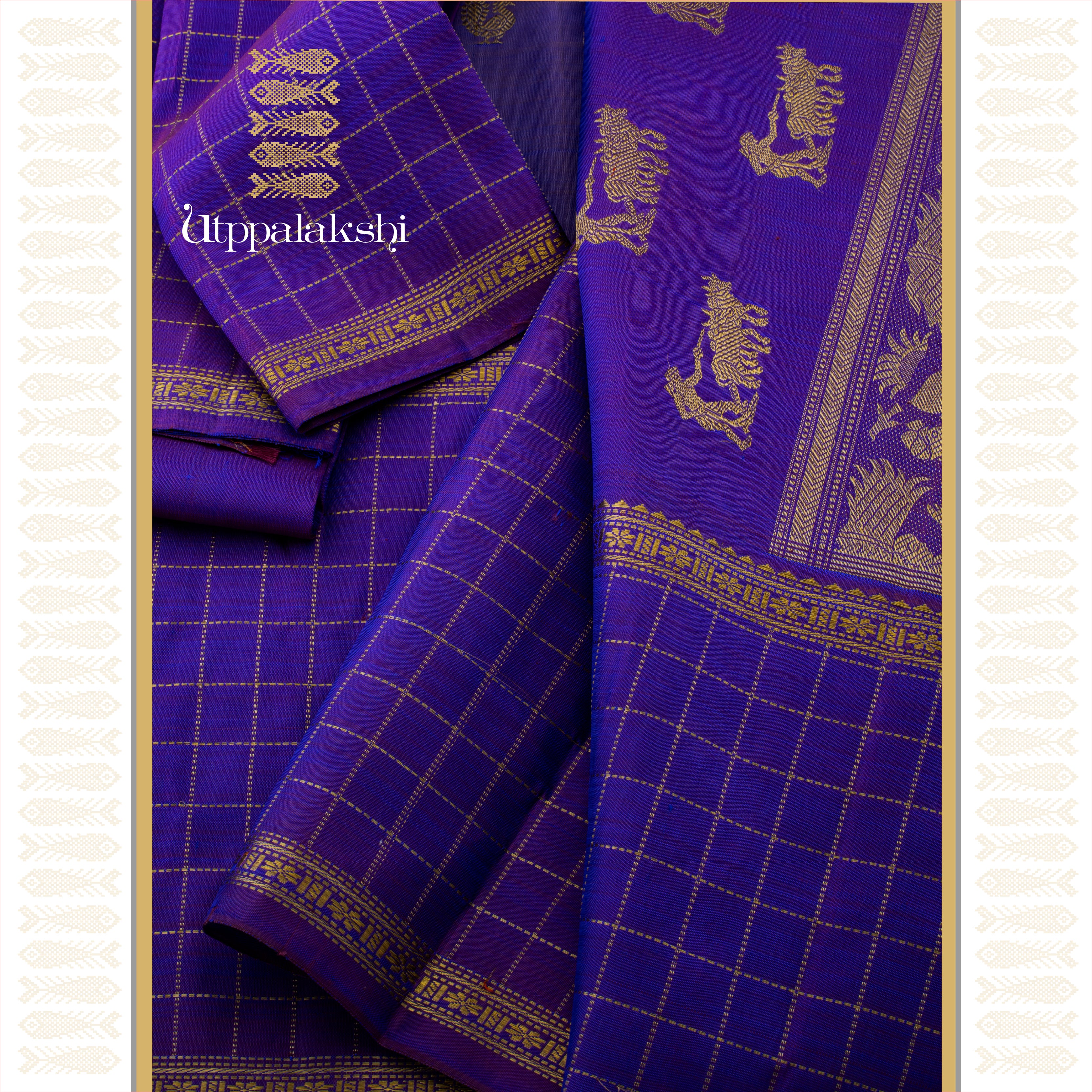 A Master Weaver’s Creation - Deep Lavender with Annam & Chakkaram Motifs and Grand Zari-Checked Border - AN UTPPALAKSHI HANDWOVEN KANJIVARAM SILK SAREE