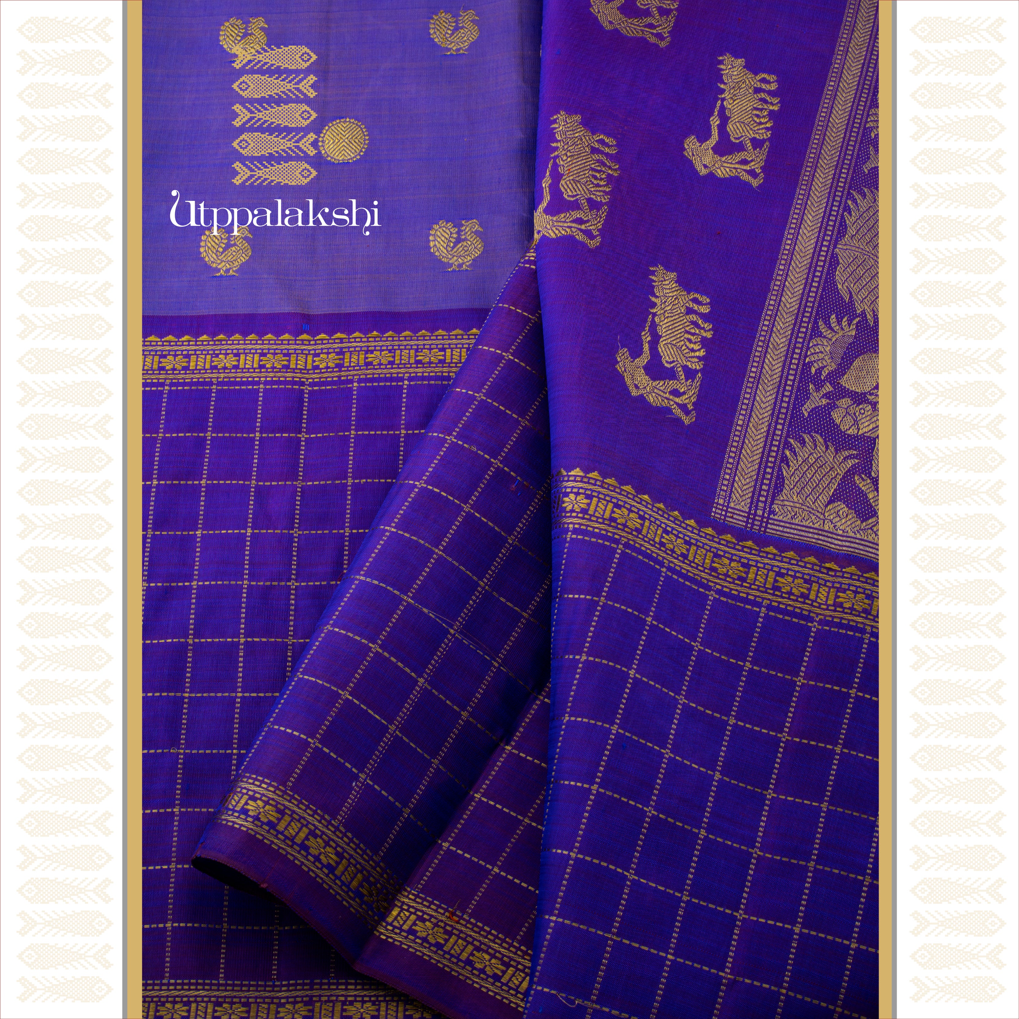 A Master Weaver’s Creation - Deep Lavender with Annam & Chakkaram Motifs and Grand Zari-Checked Border - AN UTPPALAKSHI HANDWOVEN KANJIVARAM SILK SAREE