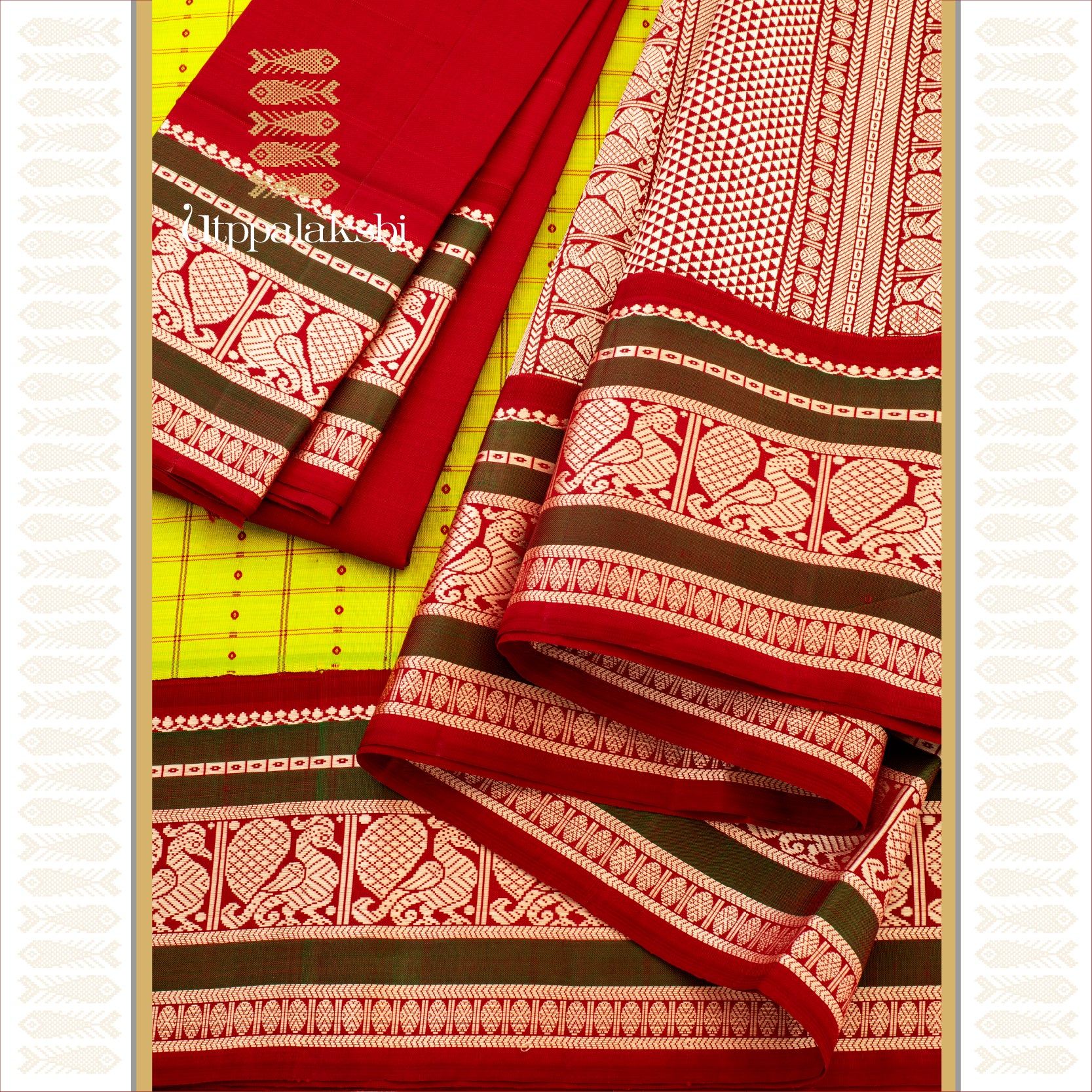 Sampanga Green Checks with Laksha Deepam Korvai - AN UTPPALAKSHI HANDWOVEN KANJIVARAM SILK SAREE