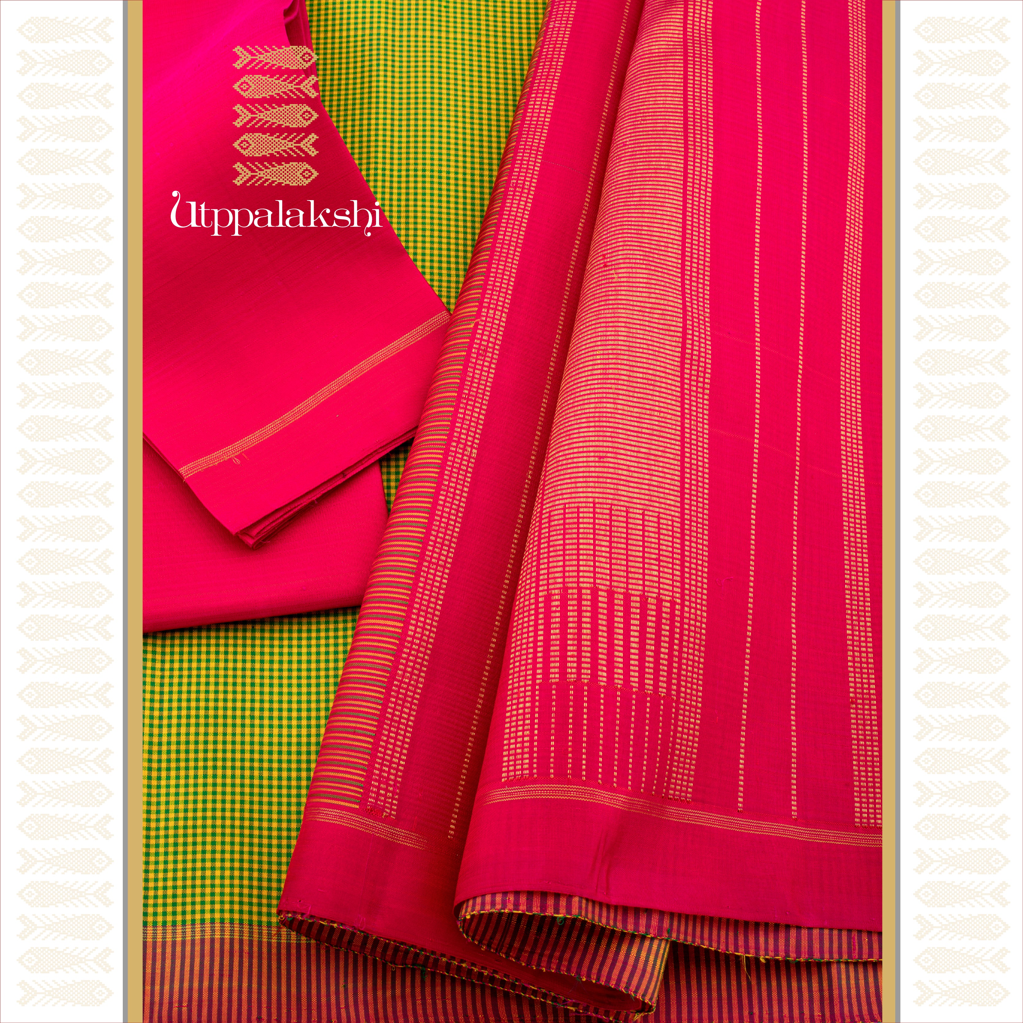 Green with Yellow Kasakasa Checks and Pink Seer Pallu - AN UTPPALAKSHI HANDWOVEN KANJIVARAM SILK SAREE