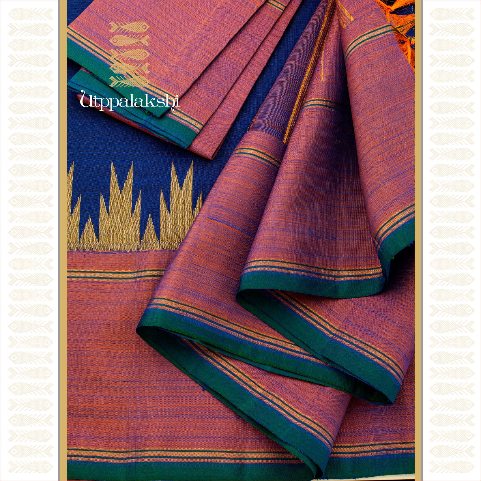 MS Blue with Semi Korvai Temple Border - AN UTPPALAKSHI HANDWOVEN KANJIVARAM SILK SAREE