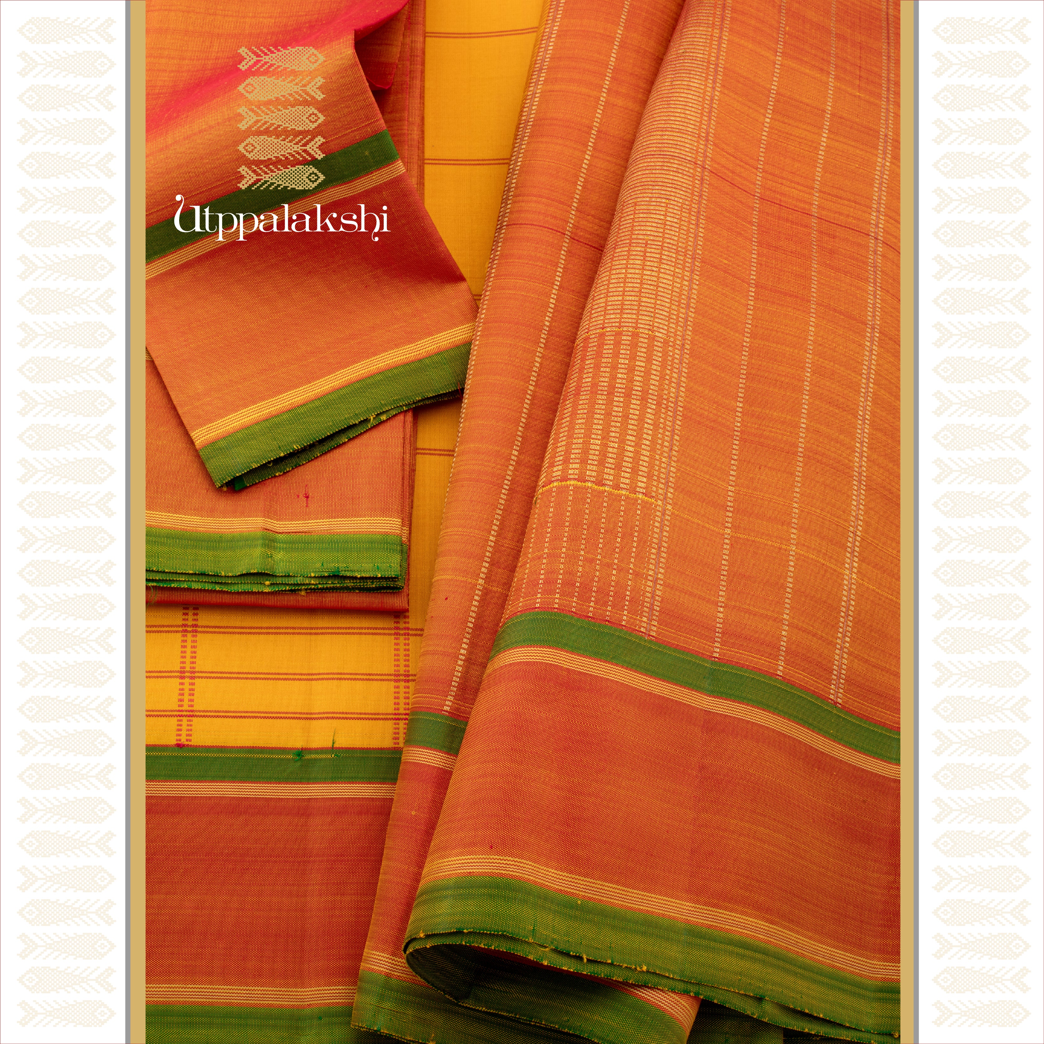 Yellow with Reddish Rust and Green Border. Big Kattam Seer Pallu - AN UTPPALAKSHI HANDWOVEN KANJIVARAM SILK SAREE