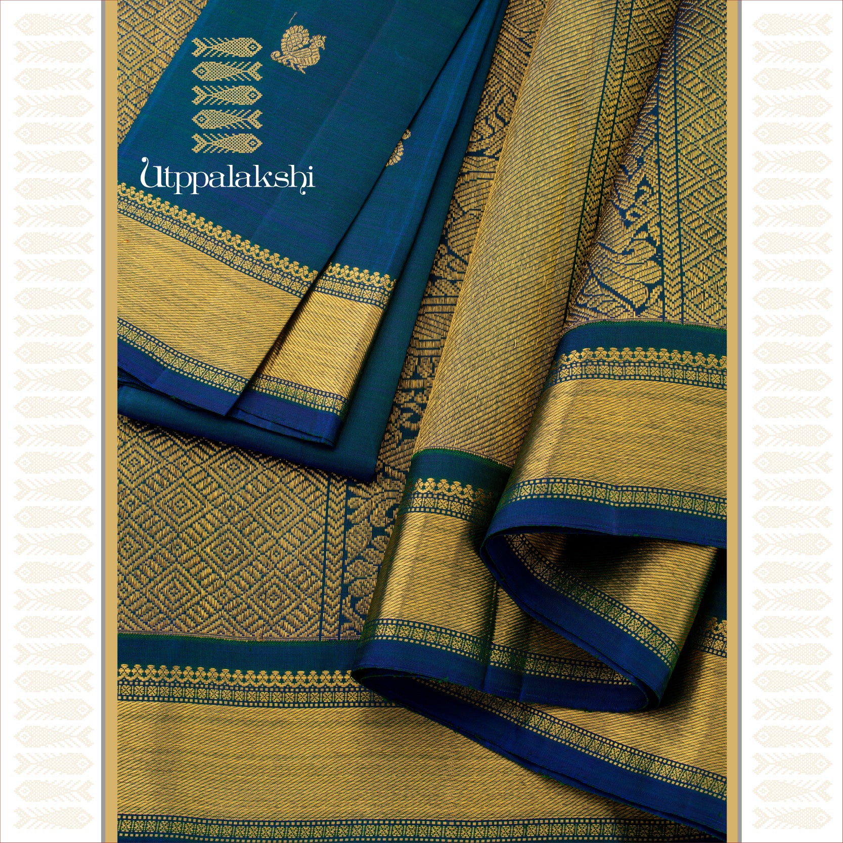 Peacock Blue with Long Pallu and Getti Border - AN UTPPALAKSHI HANDWOVEN KANJIVARAM SILK SAREE