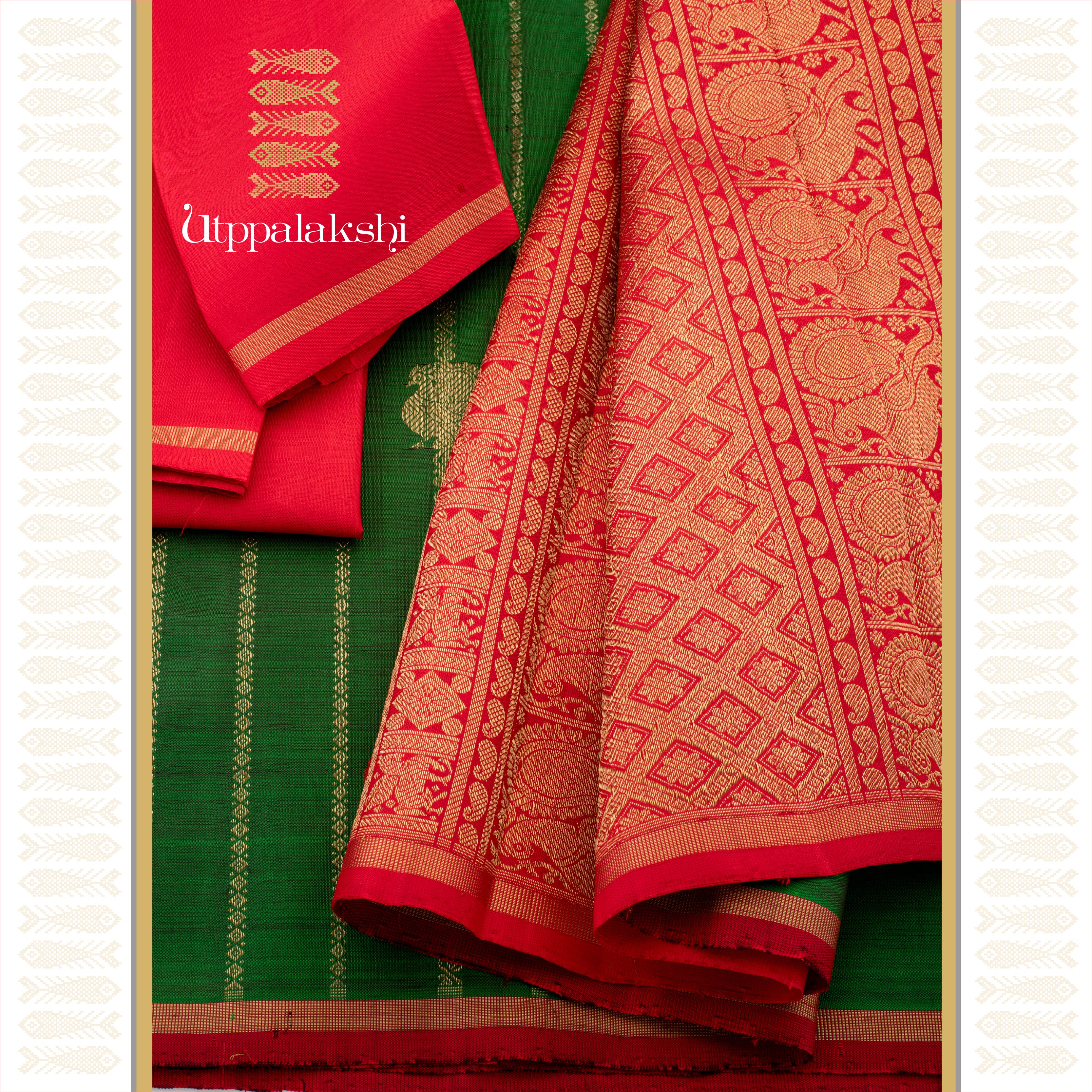 Betel Green with Chilli Red Pallu and Annam Motifs - AN UTPPALAKSHI HANDWOVEN KANJIVARAM SILK SAREE