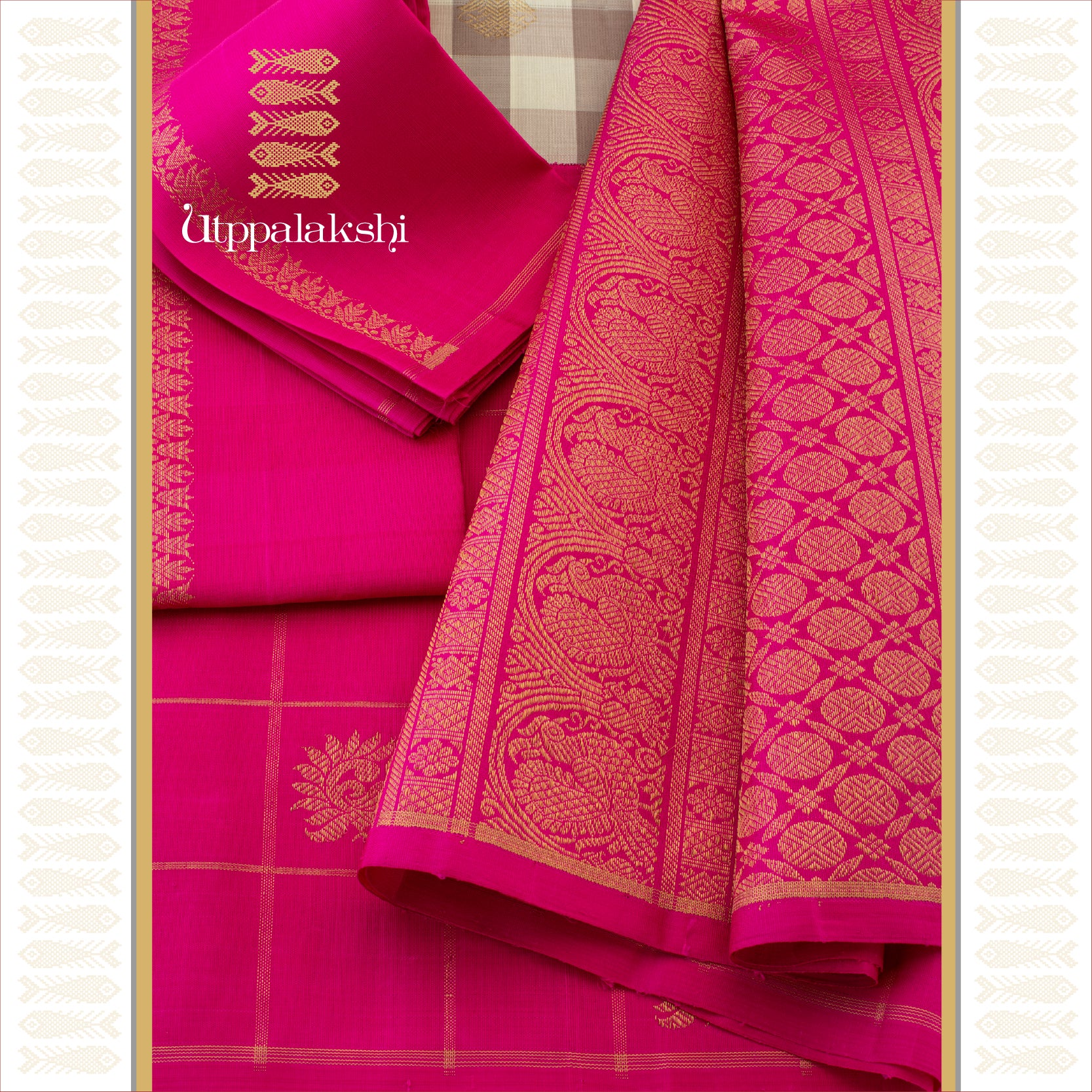 Mocha and Off-White Checks with Gandaberunda and Pink Accents - AN UTPPALAKSHI HANDWOVEN KANJIVARAM SILK SAREE