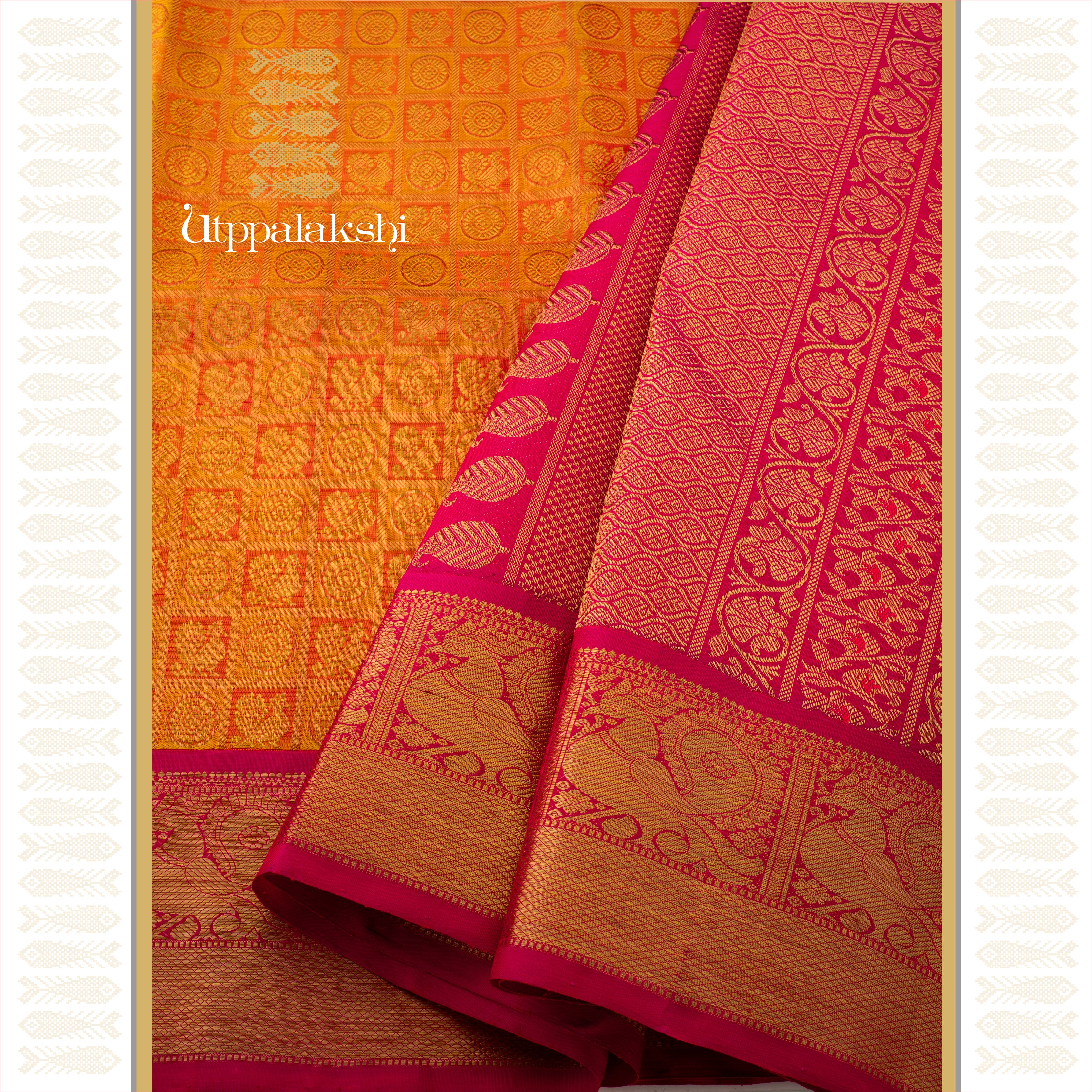 A Master Weaver’s Creation - Rust Yellow Brocade with Pink Korvai Annam Border - AN UTPPALAKSHI HANDWOVEN KANJIVARAM SILK SAREE