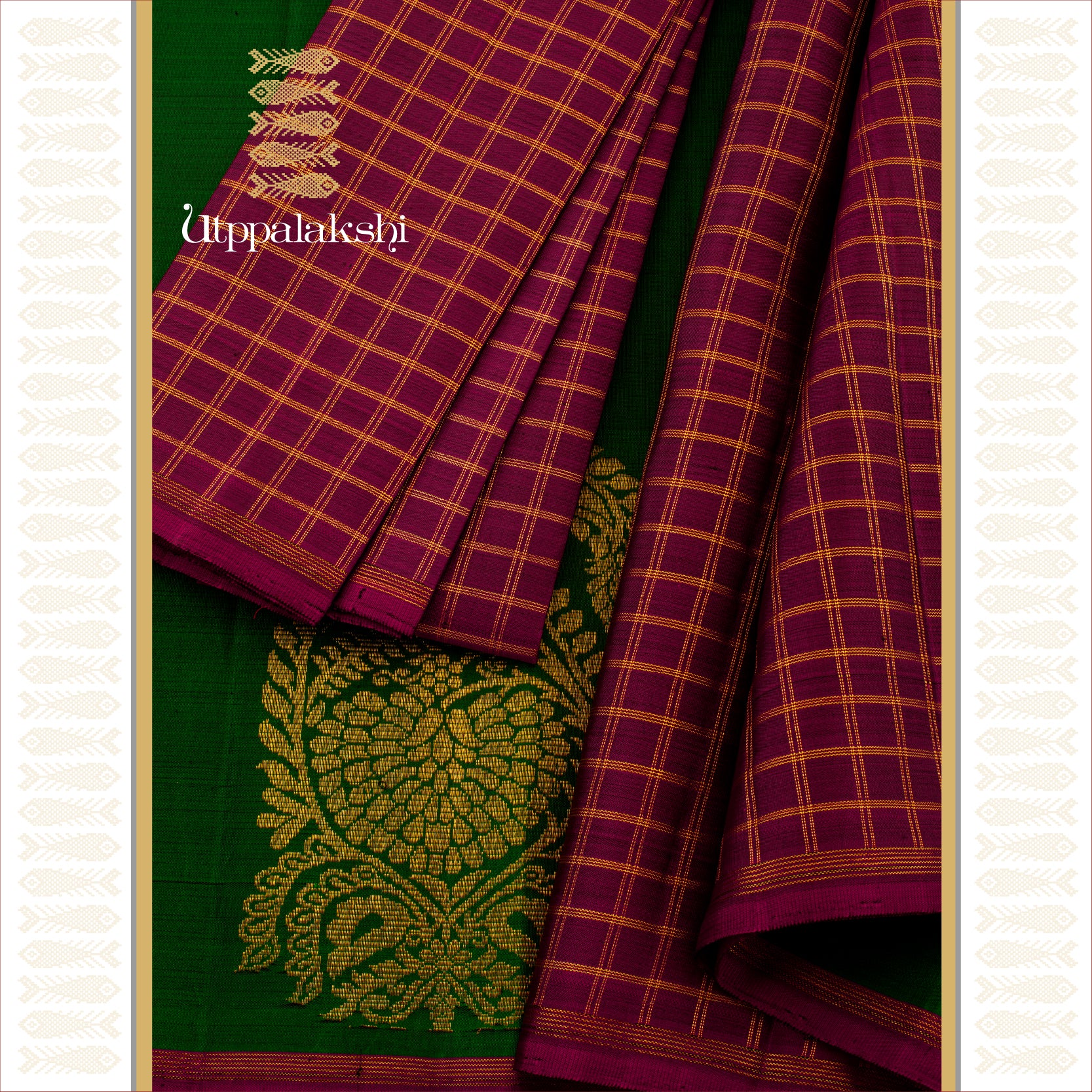 Deep Green with Purplish Arakku Mango Motif Border - AN UTPPALAKSHI HANDWOVEN KANJIVARAM SILK SAREE