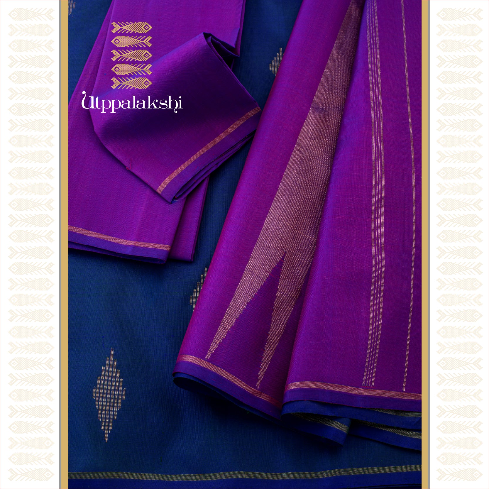 Peacock Blue with Diamond Zari Buttas and Purple/ Violet Seer Pallu - AN UTPPALAKSHI HANDWOVEN KANJIVARAM SILK SAREE