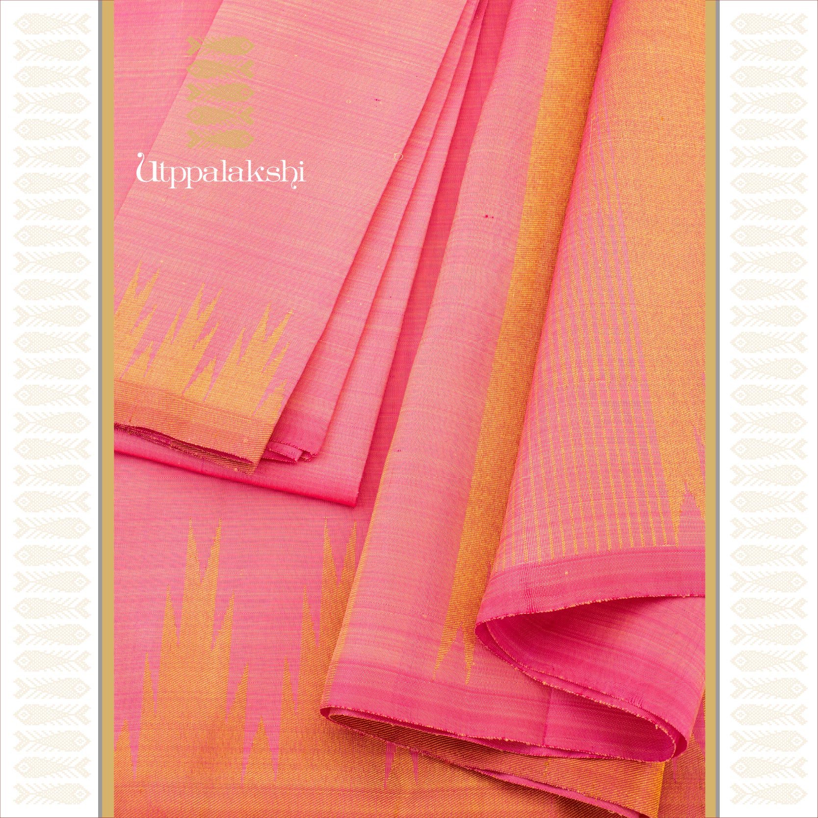 Light Pink with Temple Border and Bavanji Pallu - AN UTPPALAKSHI HANDWOVEN KANJIVARAM SILK SAREE