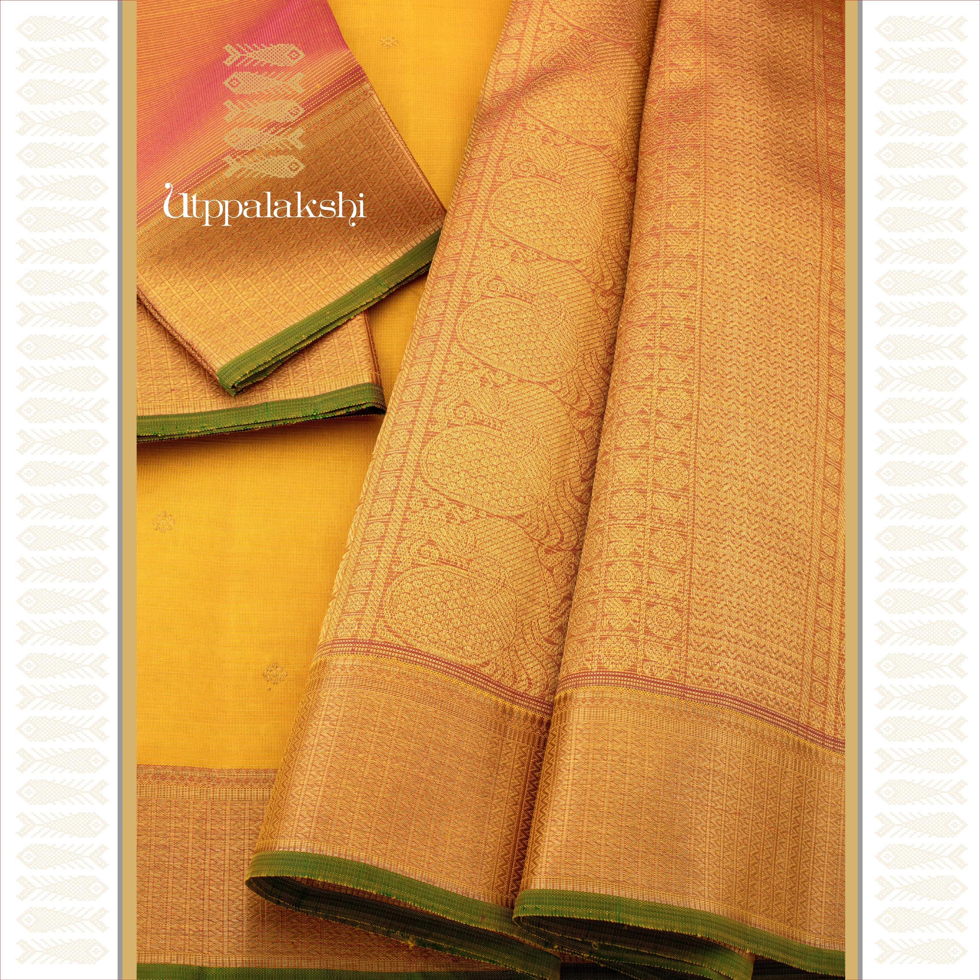 Turmeric Yellow Vaira Oosi with Kamalam Butta and Light Pink Pallu - AN UTPPALAKSHI HANDWOVEN KANJIVARAM SILK SAREE