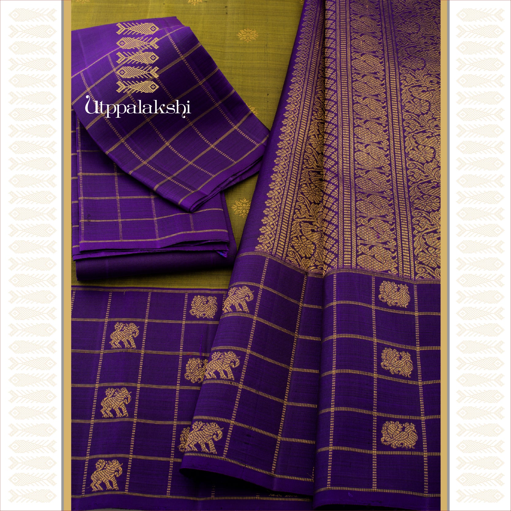 Sampanga Green with Violet Checks Border and Annam-Elephant Motifs - AN UTPPALAKSHI HANDWOVEN KANJIVARAM SILK SAREE