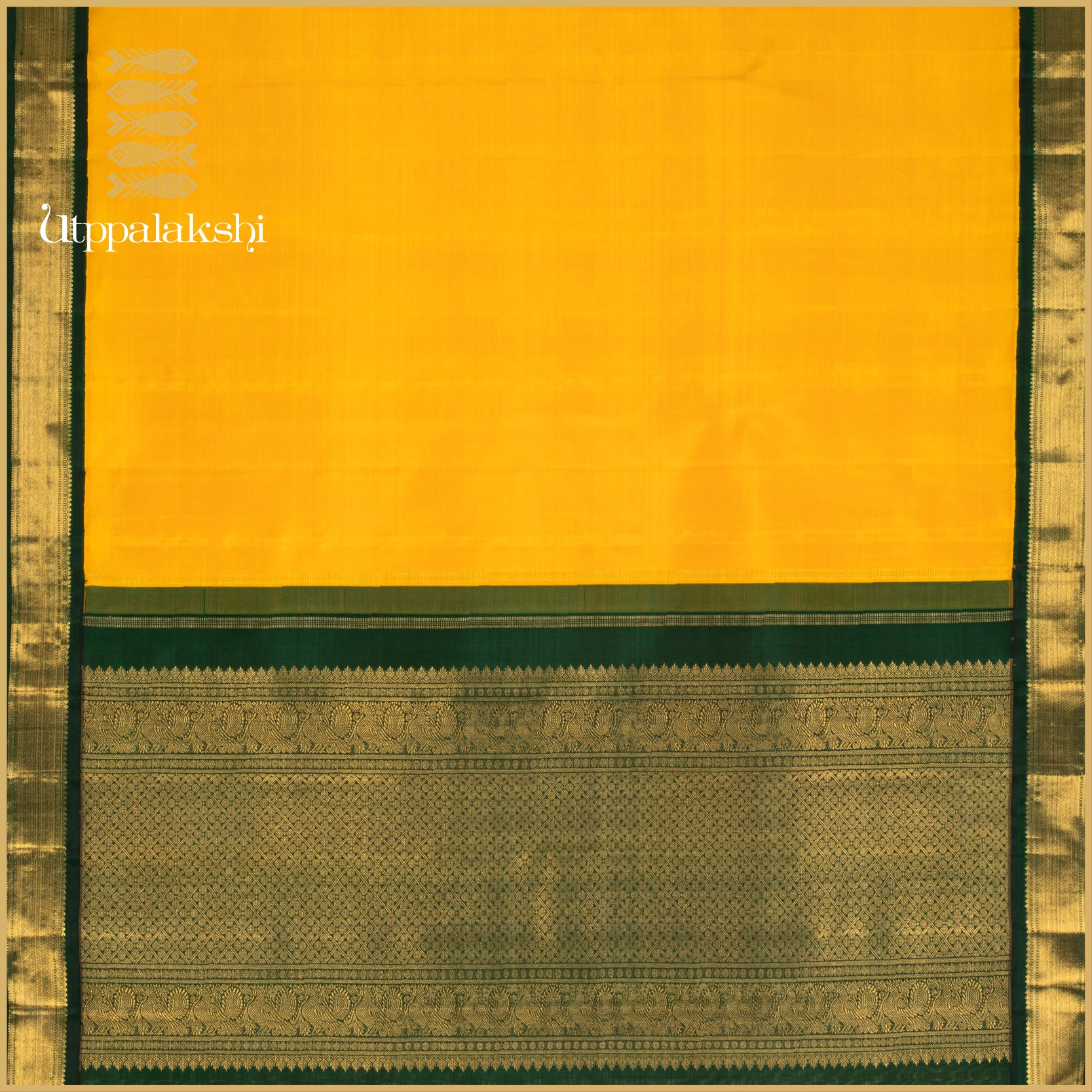 Turmeric Yellow with Bottle Green Korvai and Annam Pallu - AN UTPPALAKSHI HANDWOVEN KANJIVARAM SILK SAREE
