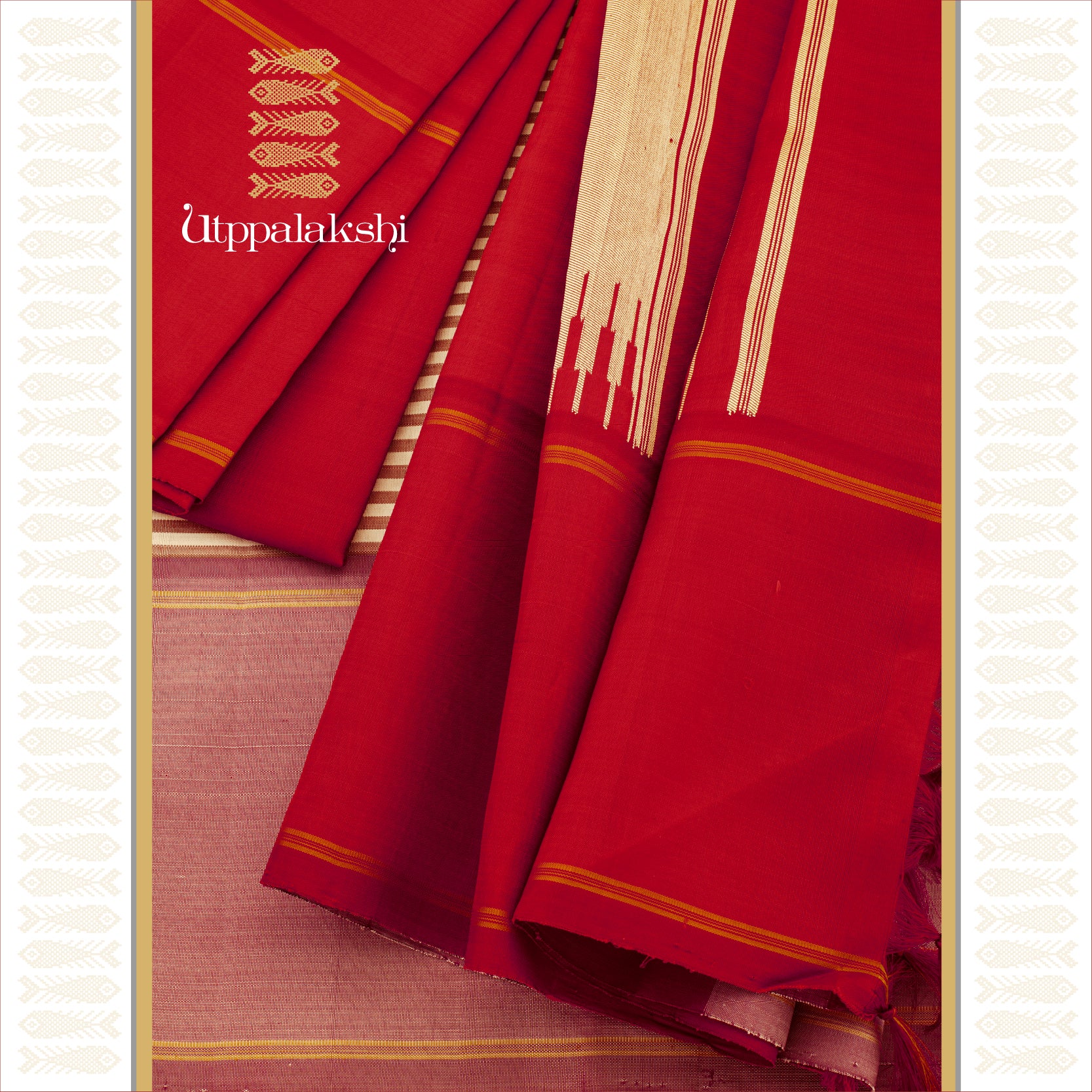 Khaki and Off-White Vazhapoo Stripes with Pastel Pink Border - AN UTPPALAKSHI HANDWOVEN KANJIVARAM SILK SAREE