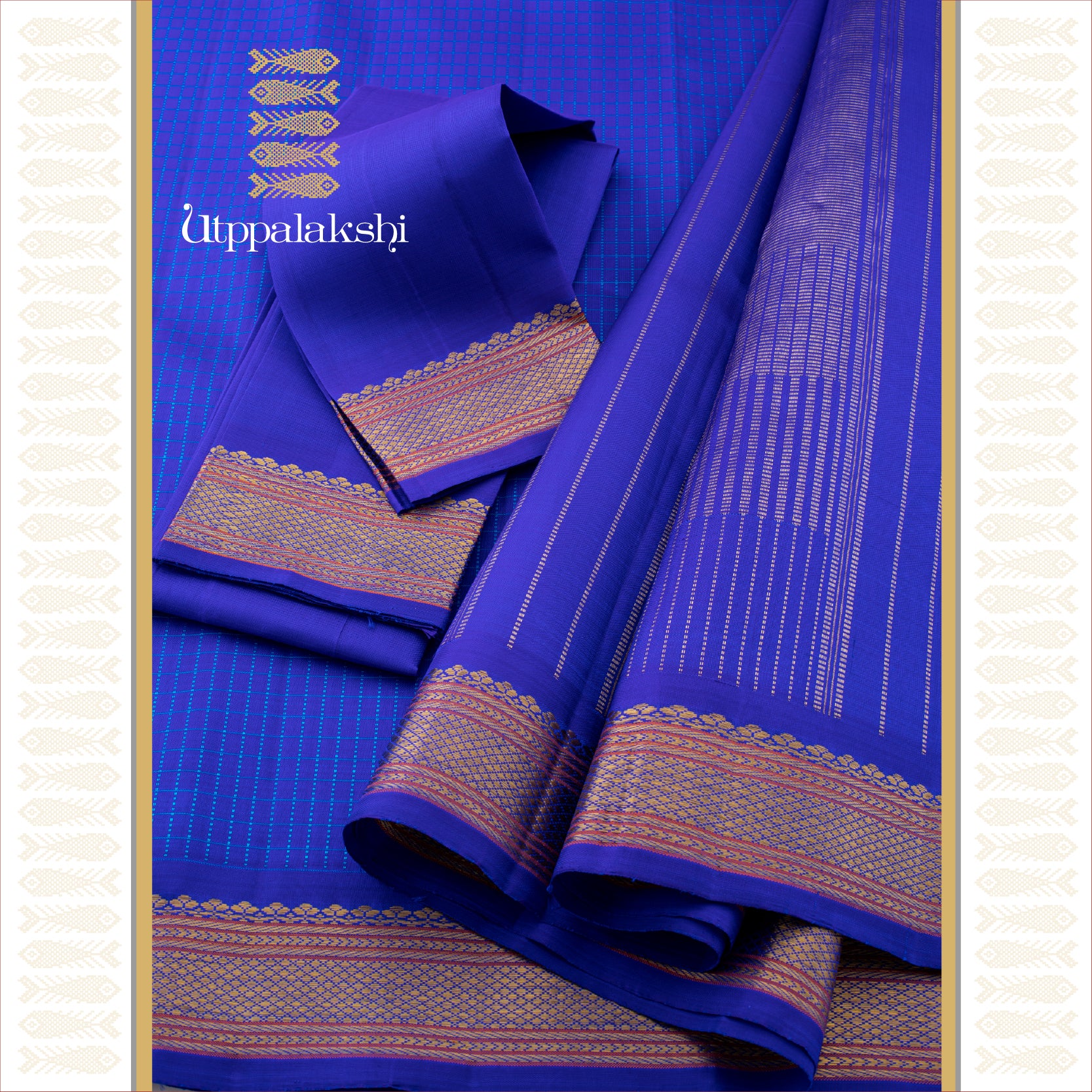 Royal Blue Muthukattam Checks with Katti Border and Cheeprake Seer Pallu - AN UTPPALAKSHI HANDWOVEN KANJIVARAM SILK SAREE