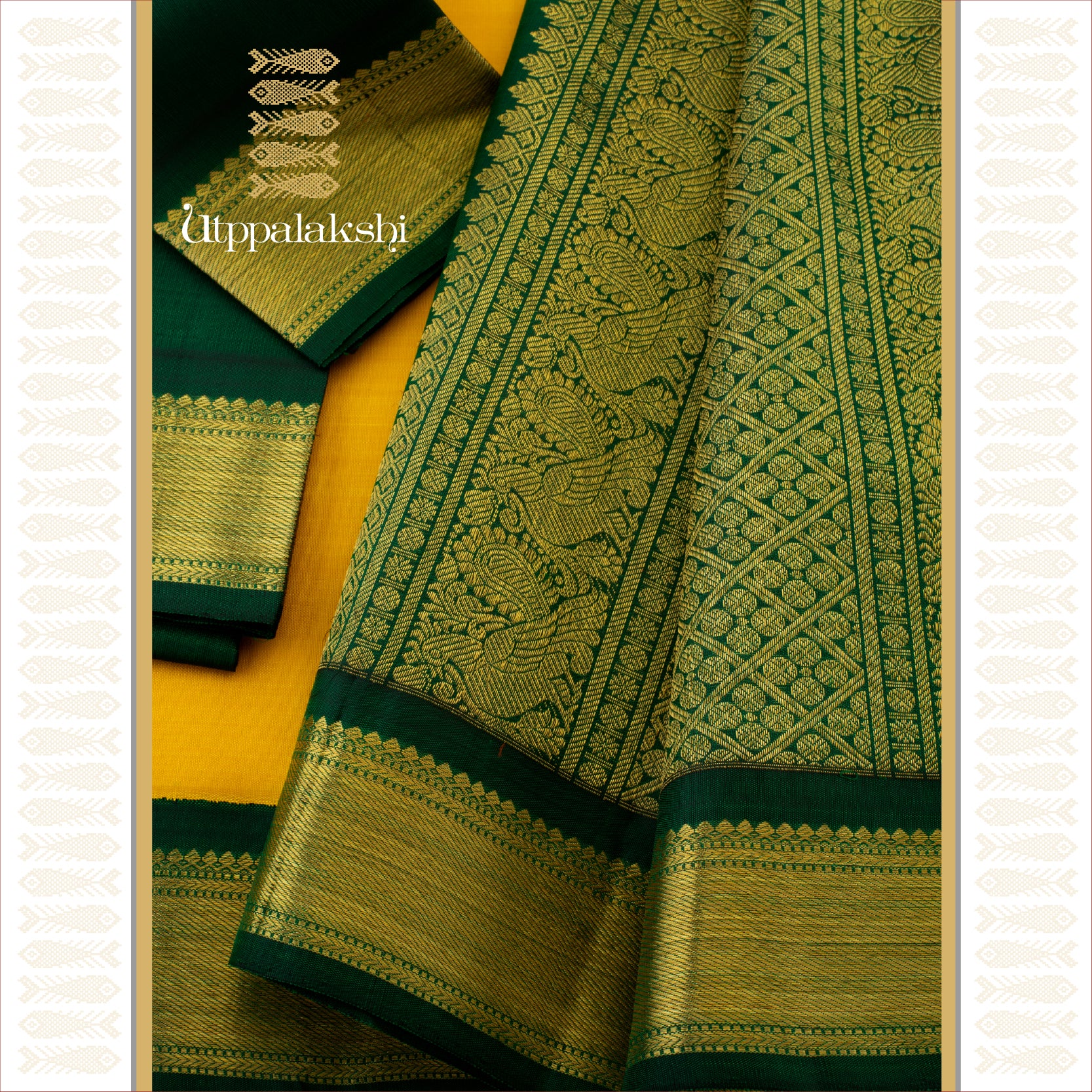 Turmeric Yellow with Bottle Green Korvai and Annam Pallu - AN UTPPALAKSHI HANDWOVEN KANJIVARAM SILK SAREE