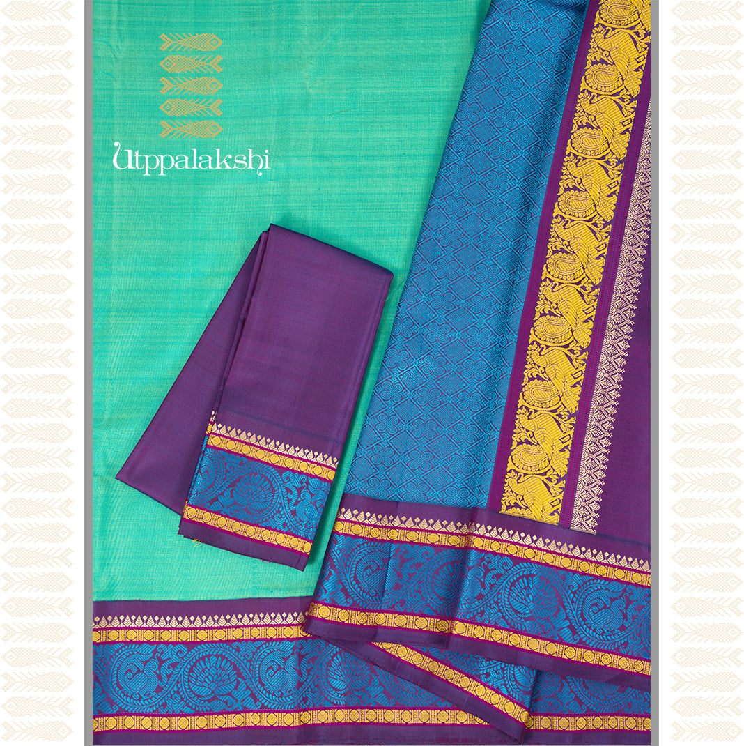 SEA GREEN SAREE WITH PURPLE KORVAI BORDER- AN UTPPALAKSHI HANDWOVEN KANCHIPURAM SILK SAREE