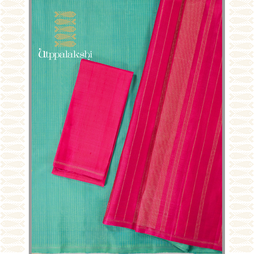 REXONA GREEN MUTHU LINES WITH PINK PALLU-AN UTPPALAKSHI HANDWOVEN KANCHIPURAM SILK SAREE