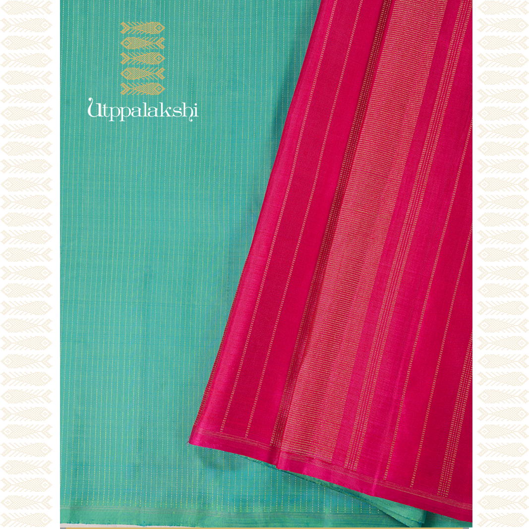 REXONA GREEN MUTHU LINES WITH PINK PALLU-AN UTPPALAKSHI HANDWOVEN KANCHIPURAM SILK SAREE