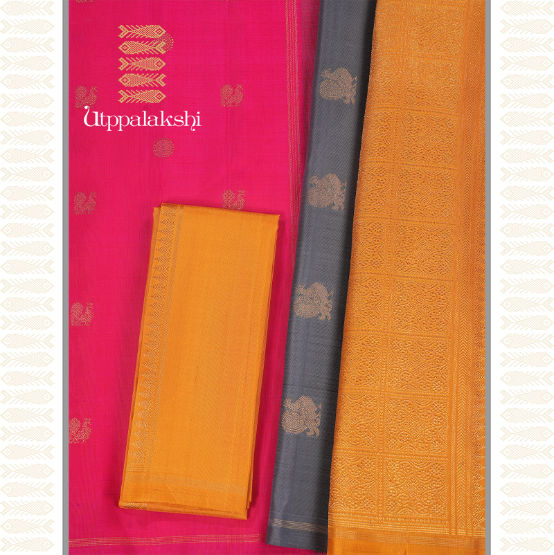 DEEP PINK ANNAM CHAKKARAM WITH DOUBLE COLOUR PALLU-AN UTPPALAKSHI HANDWOVEN KANCHIPURAM SILK SAREE