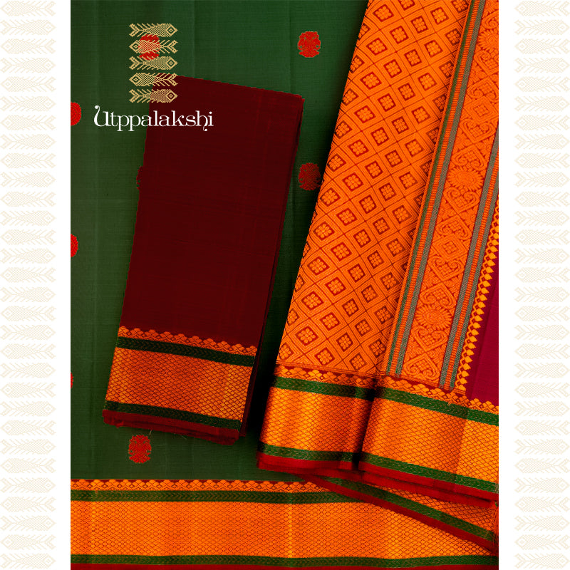 Guarded in Green: A Saree of Power and Grace Drenched in deep bottle green Kanchipuram Silk Saree