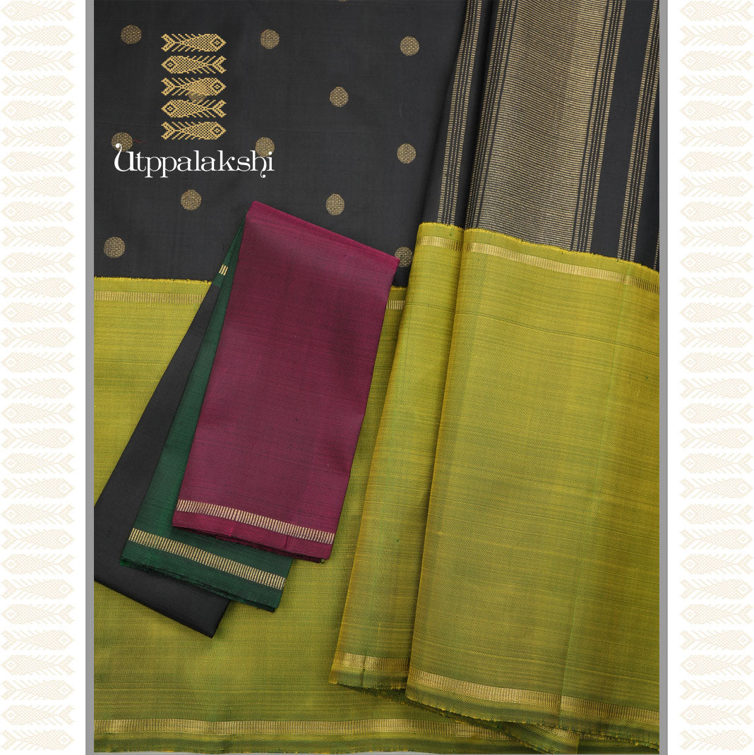 BLACK MUPPAGAM SAREE WITH JARI BUTTA DOUBLE SIDE PALLU -AN UTPPALAKSHI HANDWOVEN KANCHIPURAM SILK SAREE