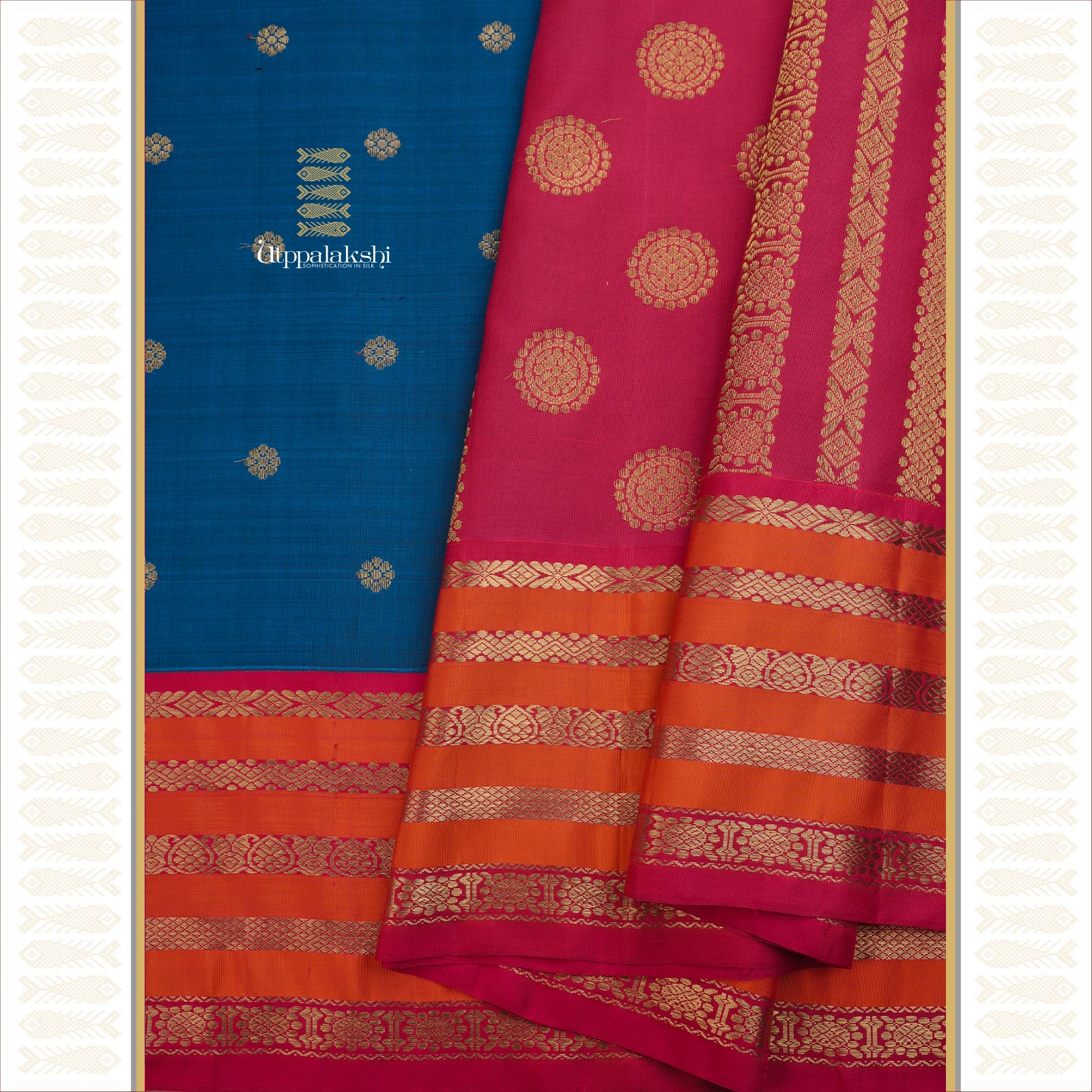 A MASTER WEAVER'S CREATION - TEAL BLUE DEEP MAROON AND ORANGE KORVAI Kalakshetra Style This exquisite pure Kanchipuram silk saree - AN UTPPALAKSHI HANDWOVEN