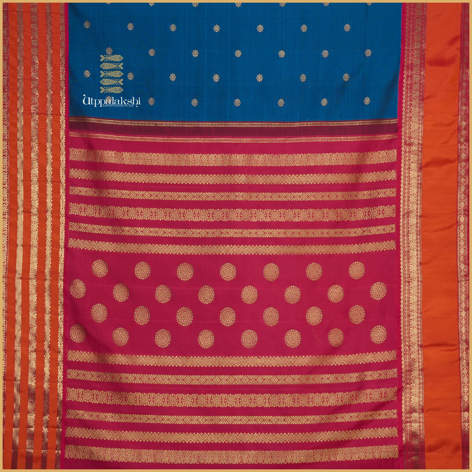 A MASTER WEAVER'S CREATION - TEAL BLUE DEEP MAROON AND ORANGE KORVAI Kalakshetra Style This exquisite pure Kanchipuram silk saree - AN UTPPALAKSHI HANDWOVEN