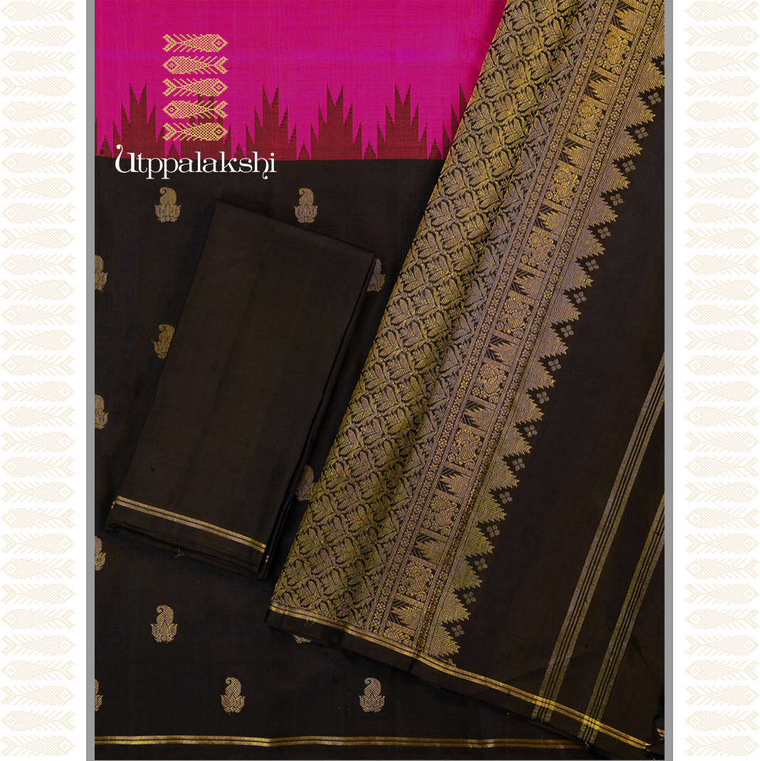 BLACK AND PINK HALF AND HALF SAREE-AN UTPPALAKSHI HANDWOVEN KANCHIPURAM SILK SAREE