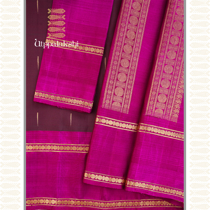 Drenched in a rich coffee-brown hue Kanchipuram Silk Saree.