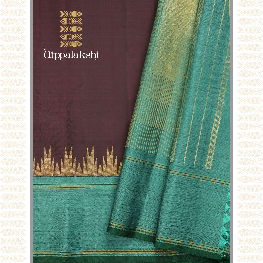 COFFEE BROWN COLOUR SAREE WITH TEAL BLUE -AN UTPPALAKSHI HANDWOVEN KANCHIPURAM SILK SAREE