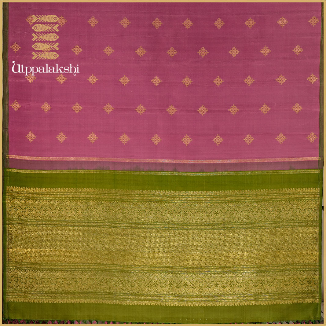 DUSTY PINK KOLAM SAREE WITH GREEN PALLU- AN UTPPALAKSHI HANDWOVEN KANCHIPURAM SILK SAREE