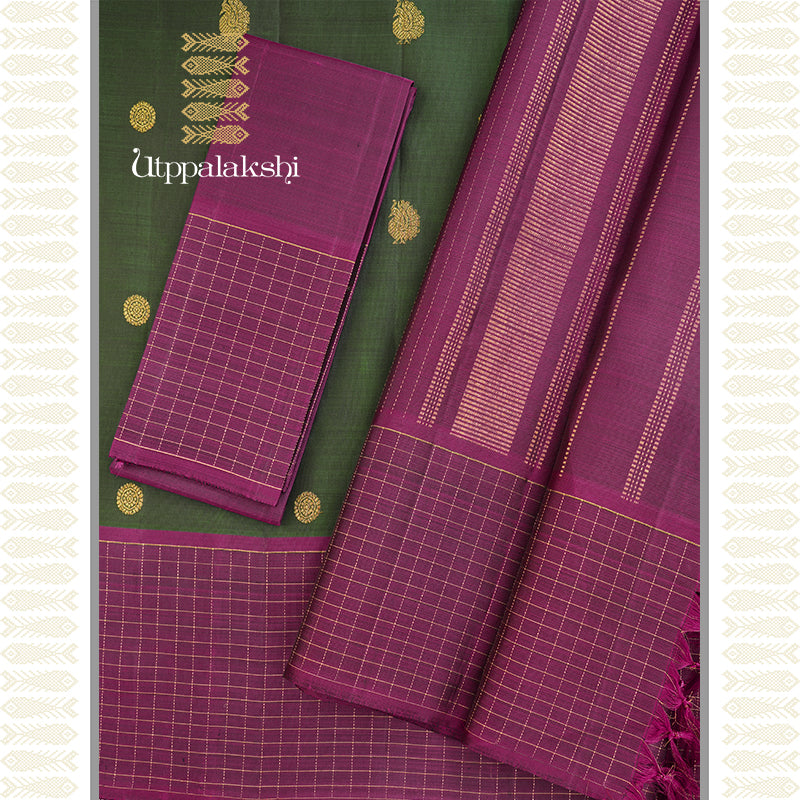Deep Green Saree with Purple Checks Border - Emerald Stillness, Amethyst Grace kanchipuram silk saree