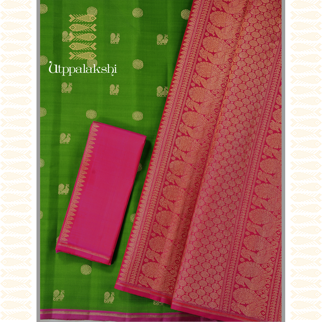 GREEN KANJIVARAM CORA SILK SAREE-AN UTPPALAKSHI HANDWOVEN KANCHIPURAM SILK SAREE