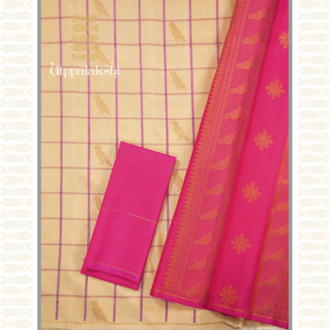 OFF WHITE PURPLE KATTAM SAREE WITH PINK PALLU-AN UTPPALAKSHI HANDWOVEN KANCHIPURAM