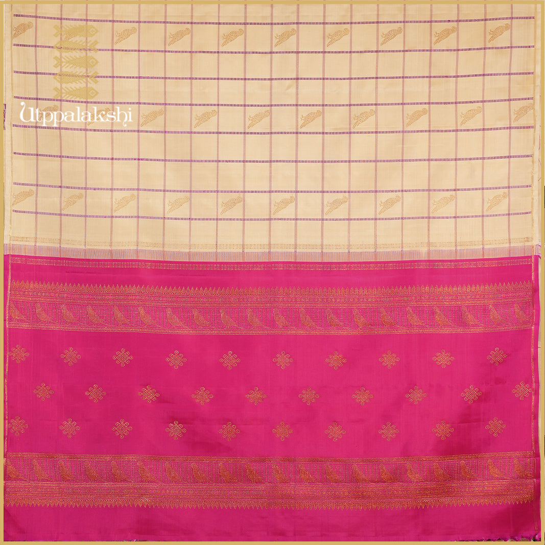 OFF WHITE PURPLE KATTAM SAREE WITH PINK PALLU-AN UTPPALAKSHI HANDWOVEN KANCHIPURAM