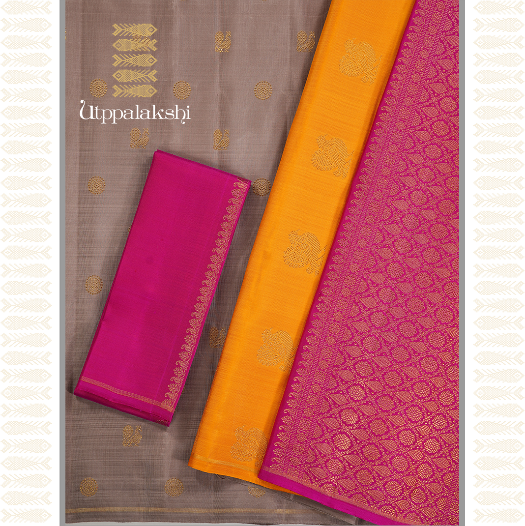 ICE MOCCA COLOUR WITH DOUBLE COLOUR BORDER-AN UTPPALAKSHI HANDWOVEN KANCHIPURAM SILK SAREE