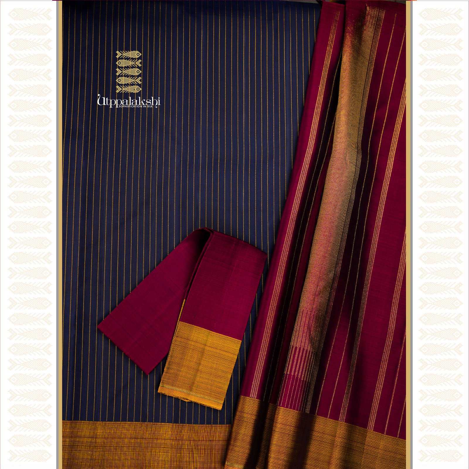 Kanchanam Colour with Muthu Kattam Lines and Honey Colour Border with Minimal Zari Pallu – An Utppalakshi Handwoven Kanjivaram Silk Saree