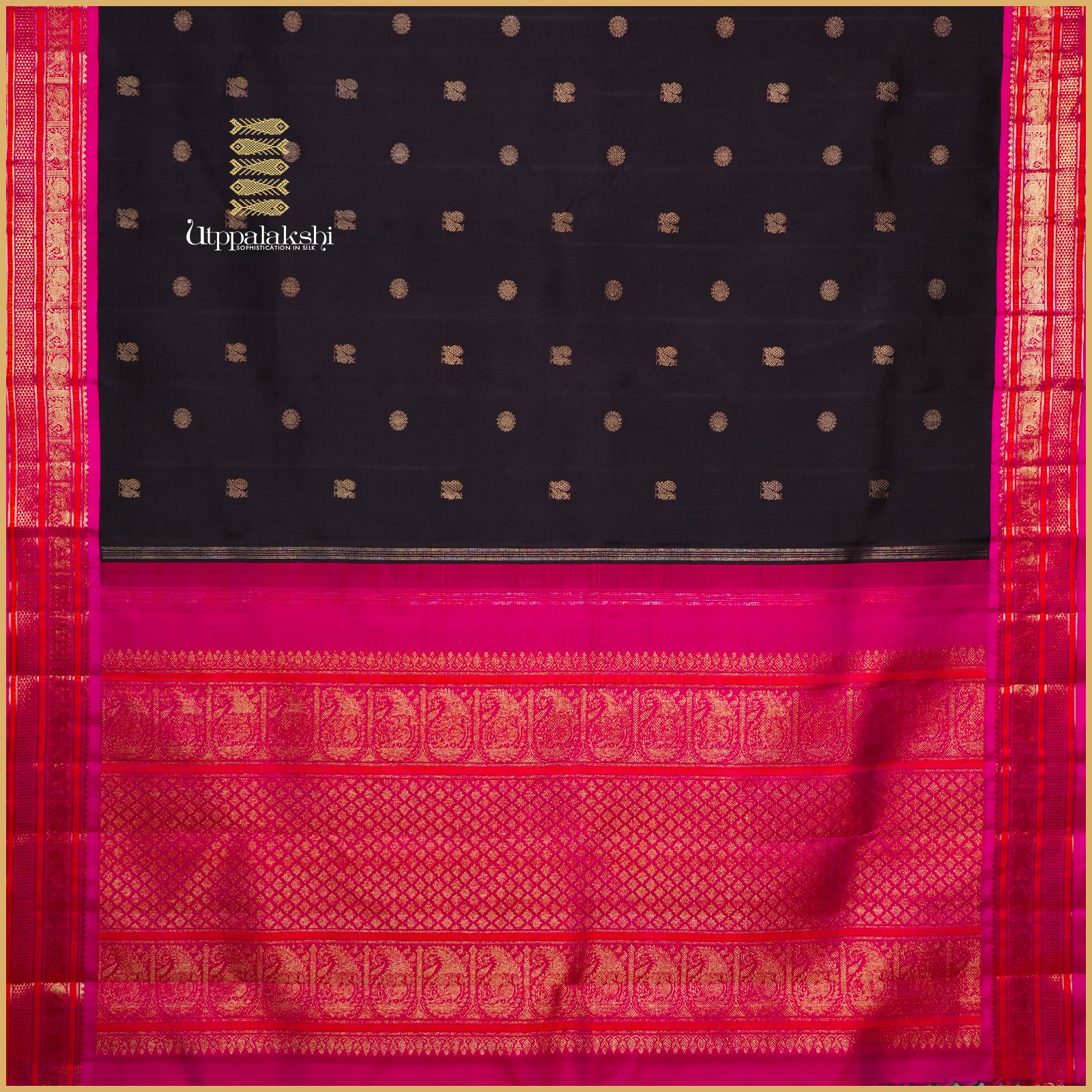 Dark Kanchana with Zari Annam and Chakaram Motifs and Rani Pink Contrast Border with Brocade Pallu – An Utppalakshi Handwoven Kanjivaram Silk Saree