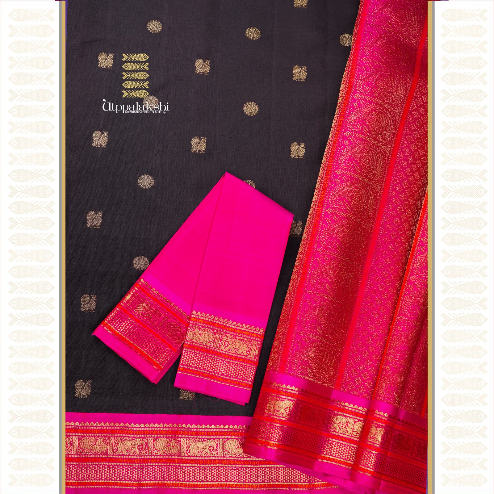 Dark Kanchana with Zari Annam and Chakaram Motifs and Rani Pink Contrast Border with Brocade Pallu – An Utppalakshi Handwoven Kanjivaram Silk Saree