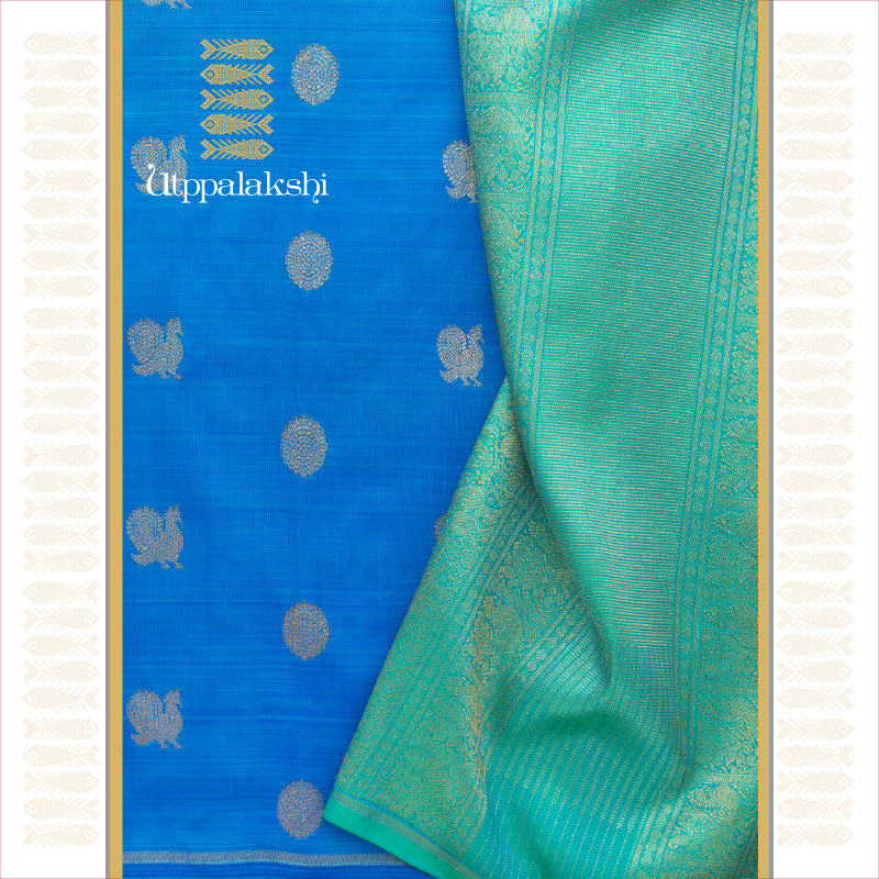 UTPPALAKSHI HANDWOVEN KANJIVARAM SILK SAREE BLUE AND SEA GREEN ANNAM CHAKRAM NO BORDER