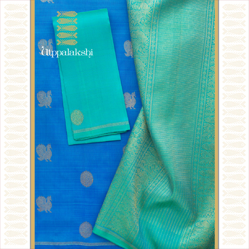 UTPPALAKSHI HANDWOVEN KANJIVARAM SILK SAREE BLUE AND SEA GREEN ANNAM CHAKRAM NO BORDER