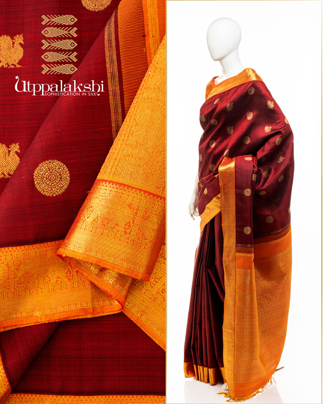 UTPPALAKSHI HANDWOVEN KANJIVARAM SILK SAREE MAROON MUSTARD ANNAM CHAKRAM