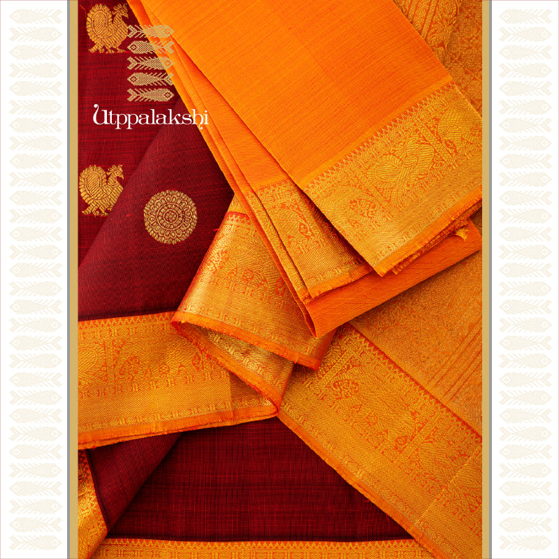 UTPPALAKSHI HANDWOVEN KANJIVARAM SILK SAREE MAROON MUSTARD ANNAM CHAKRAM