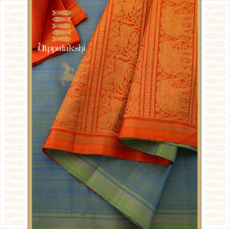 UTPPALAKSHI HANDWOVEN KANJIVARAM SILK SAREE BLUE AND ORANGE NO BORDER