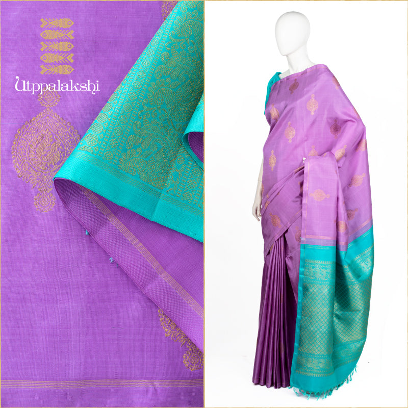 UTPPALAKSHI HANDWOVEN KANJIVARAM SILK SAREE LAVENDER BLUE NO BORDER