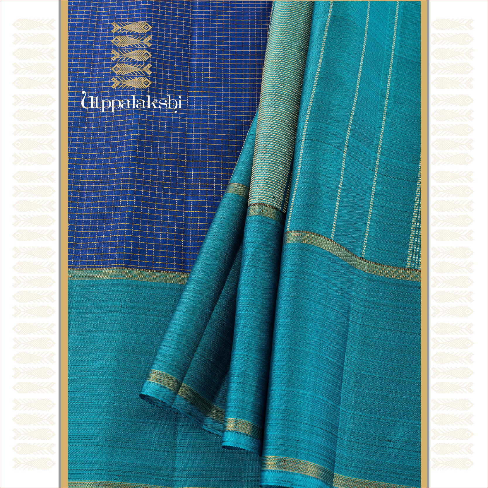 UTPPALAKSHI HANDWOVEN KANJIVARAM SILK SAREE MS BLUE AND TEAL MUTHUKATTAM