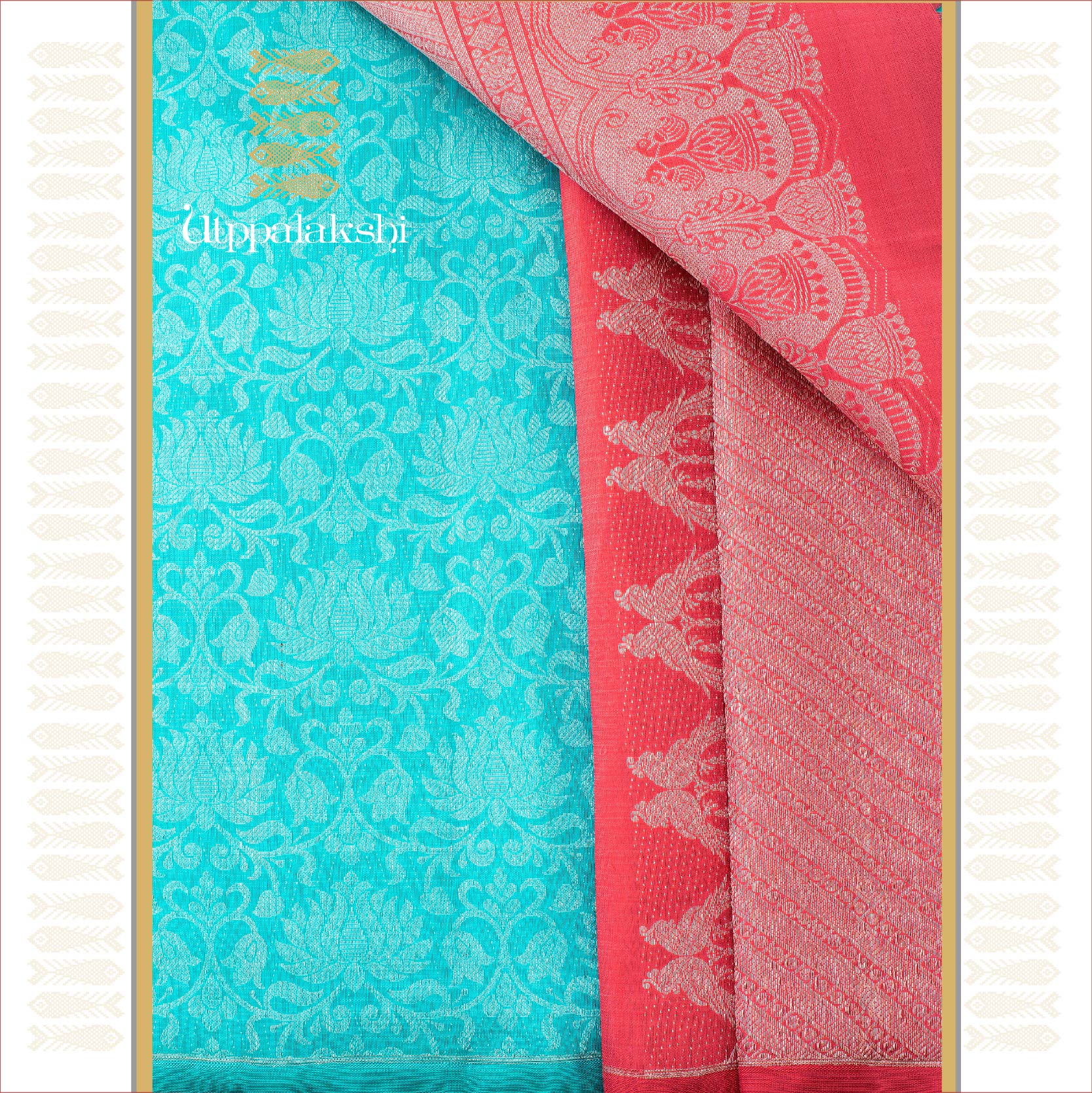 UTPPALAKSHI HANDWOVEN KANJIVARAM SILK BRIDAL SAREE BLUE PINK SILVER ZARI LOTUS BROCADE NO BORDER